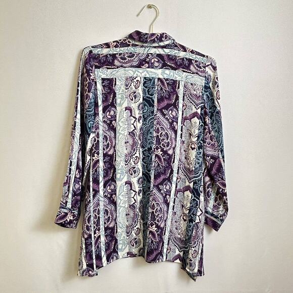 Chico's white purple paisley print long sleeve collared top womens sz 0 - Picture 4 of 7